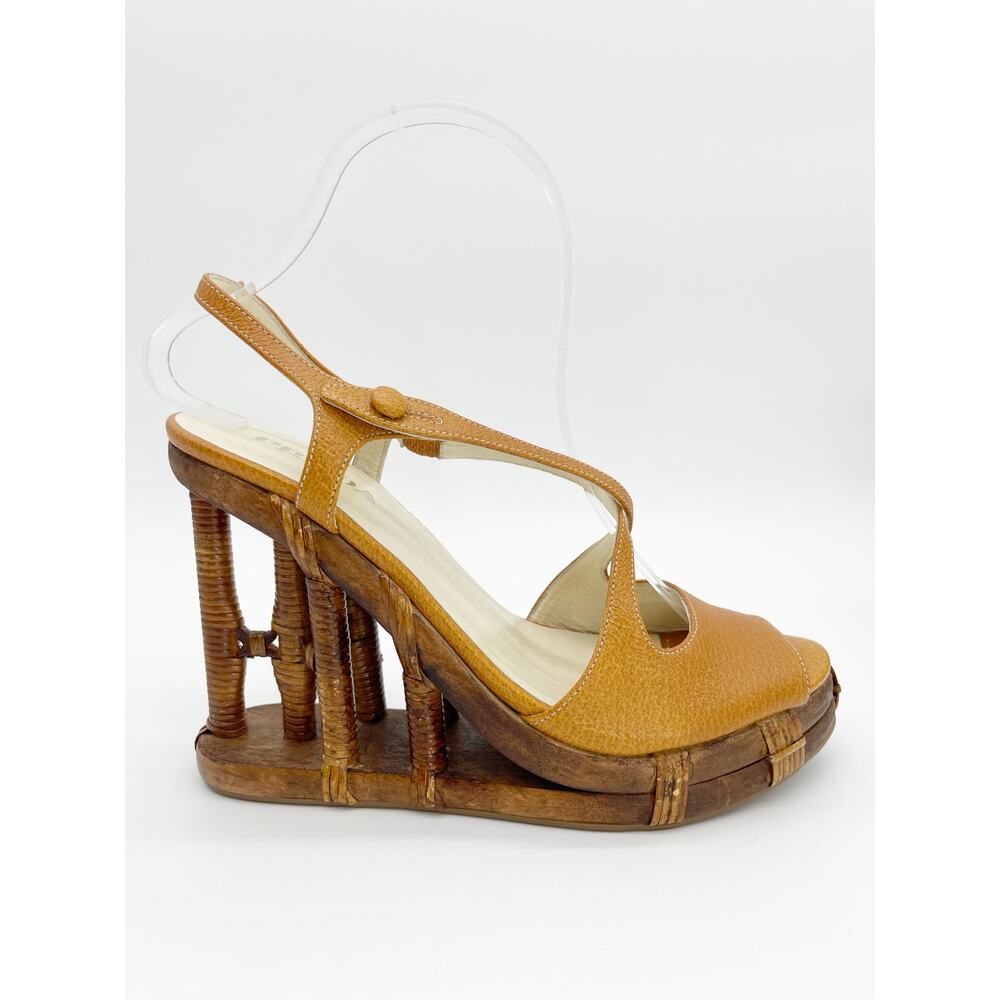Prada Vintage S/S 2006 Runway Camel Bamboo Cage Wedge Slingback Sandals IT 38.5